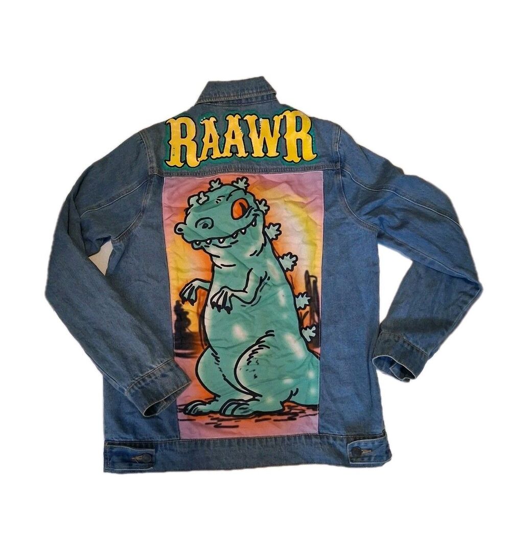 Nickelodeon Rugrats Raptor Dinosaur Denim Jacket XS Blue Graphic Trucker Jean